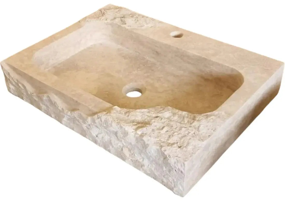 Villohome beige travertine rectangular wall-mount bathroom sink; rustic stone, 24 in L x 16 in W x 5 in H.