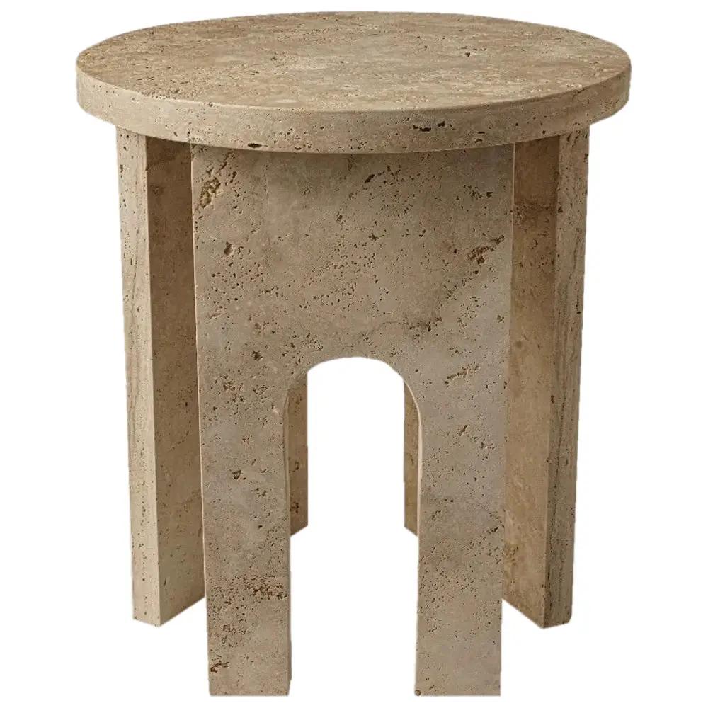 Troia light travertine round end table with U-shaped legs, 18 in dia x 20 in high