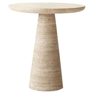 Villohome Troia Light Travertine round end table with conical leg, honed finish