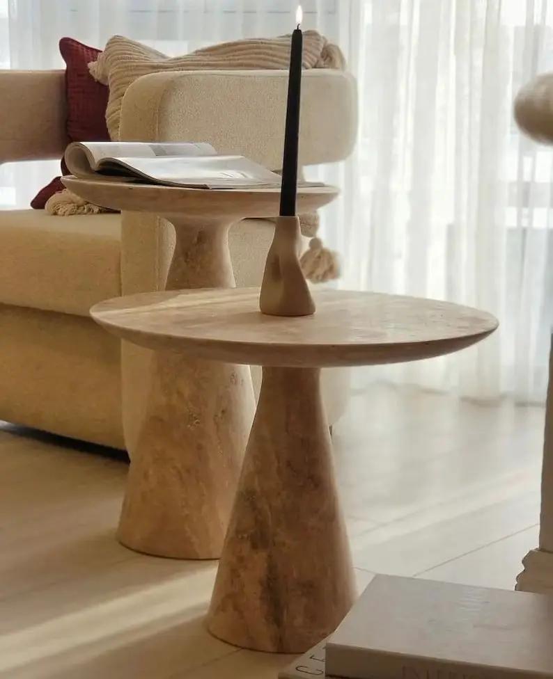 Villohome Troia light travertine round end tables with conic legs, honed finish (2)