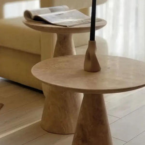 Villohome Troia Light Travertine round end/side table with conic legs; honed surface; set of two beige tables.