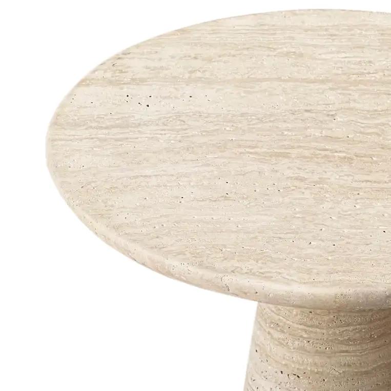 Villohome Troia light travertine round end/side table with conic leg, honed finish, 18-in dia x 22-in high