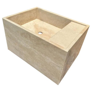 Troia Light Travertine wall-mount bathroom sink by Villohome, beige stone rectangular basin