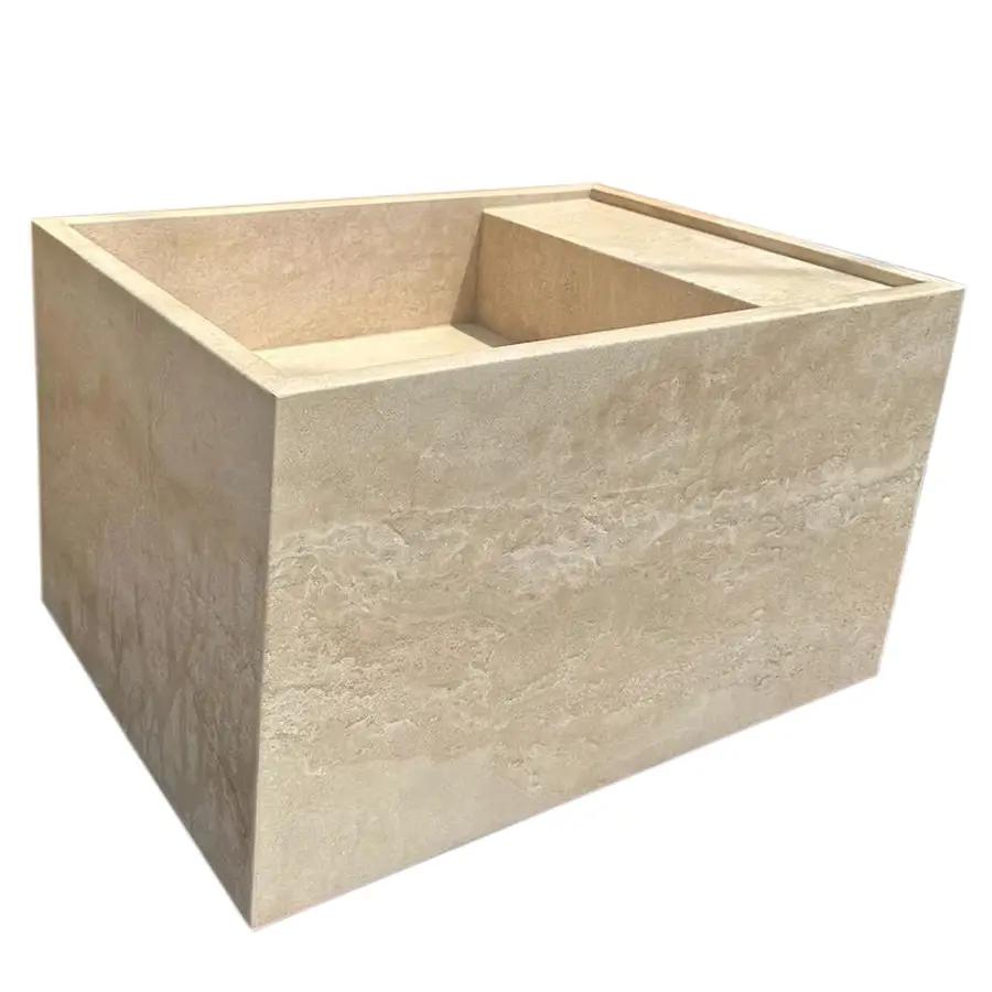 Troia Light Travertine wall-mount bathroom sink by Villohome, beige stone.