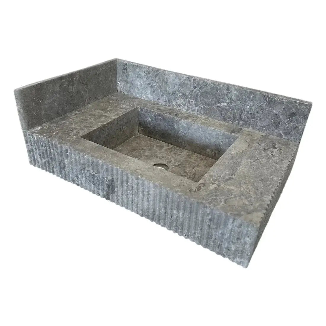 Tundra gray marble rectangular wall-mount bathroom sink with 6-inch backsplash, 16 in wide x 32 in long x 10 in high