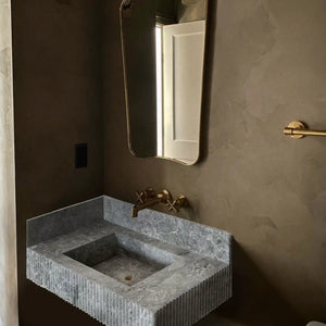 Villohome Tundra gray marble rectangular wall-mount bathroom sink with 6-inch backsplash, 16W x 32L.