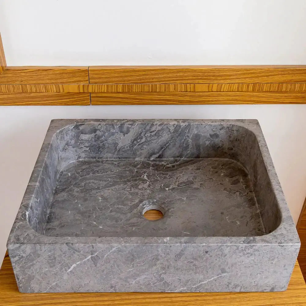 Tundra Gray Marble rectangular above-counter bathroom sink; gray stone with white veining.