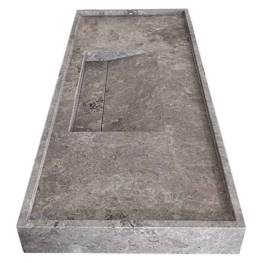 Tundra Grey Marble rectangular wall-mount bathroom sink with hidden drain, 48 x 20 x 5 in Villohome