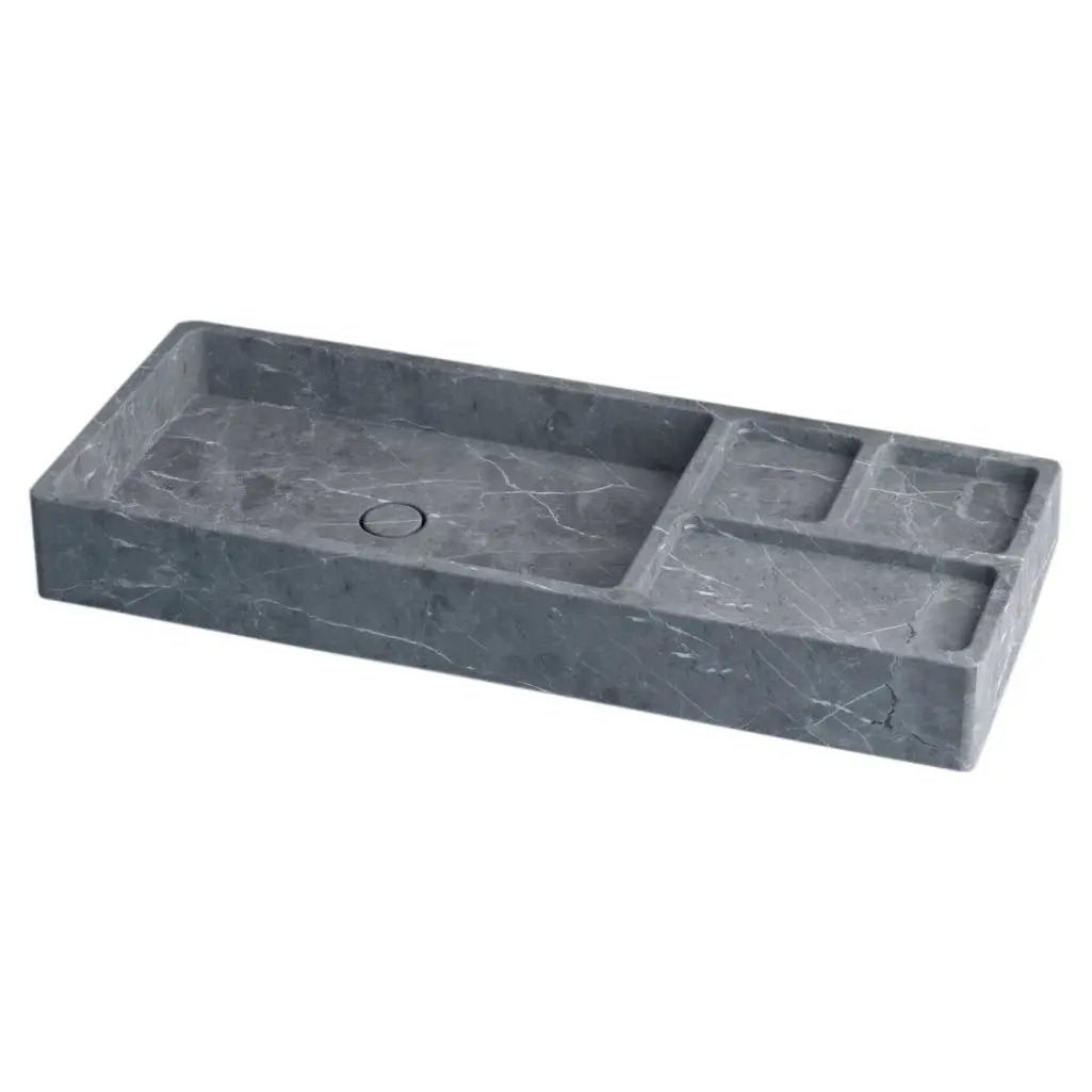 Tundra Gray Marble Rectangular Wall-mount Sink with two right-side compartments