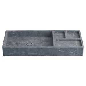 Rectangular wall-mount bathroom sink in tundra gray marble with a large basin and side compartments.