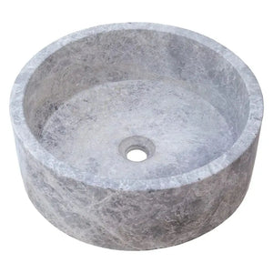 Villohome round tundra grey marble bathroom sink, polished natural stone vessel basin, 16.5 in diameter