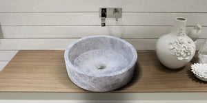 Natural Stone Tundra Grey marble above-counter bathroom sink, round, polished, 16.5-inch diameter.