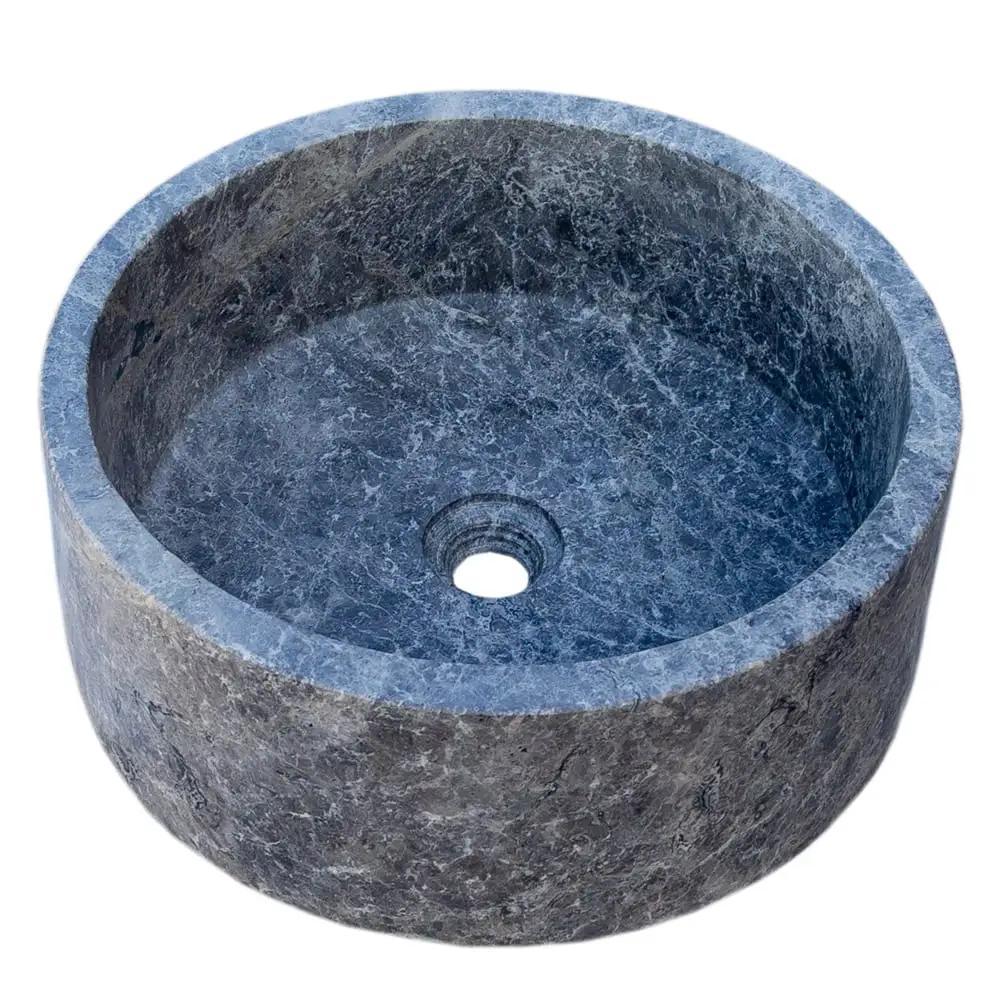 Villohome tundra grey marble vessel sink, round polished natural stone, 16-inch diameter