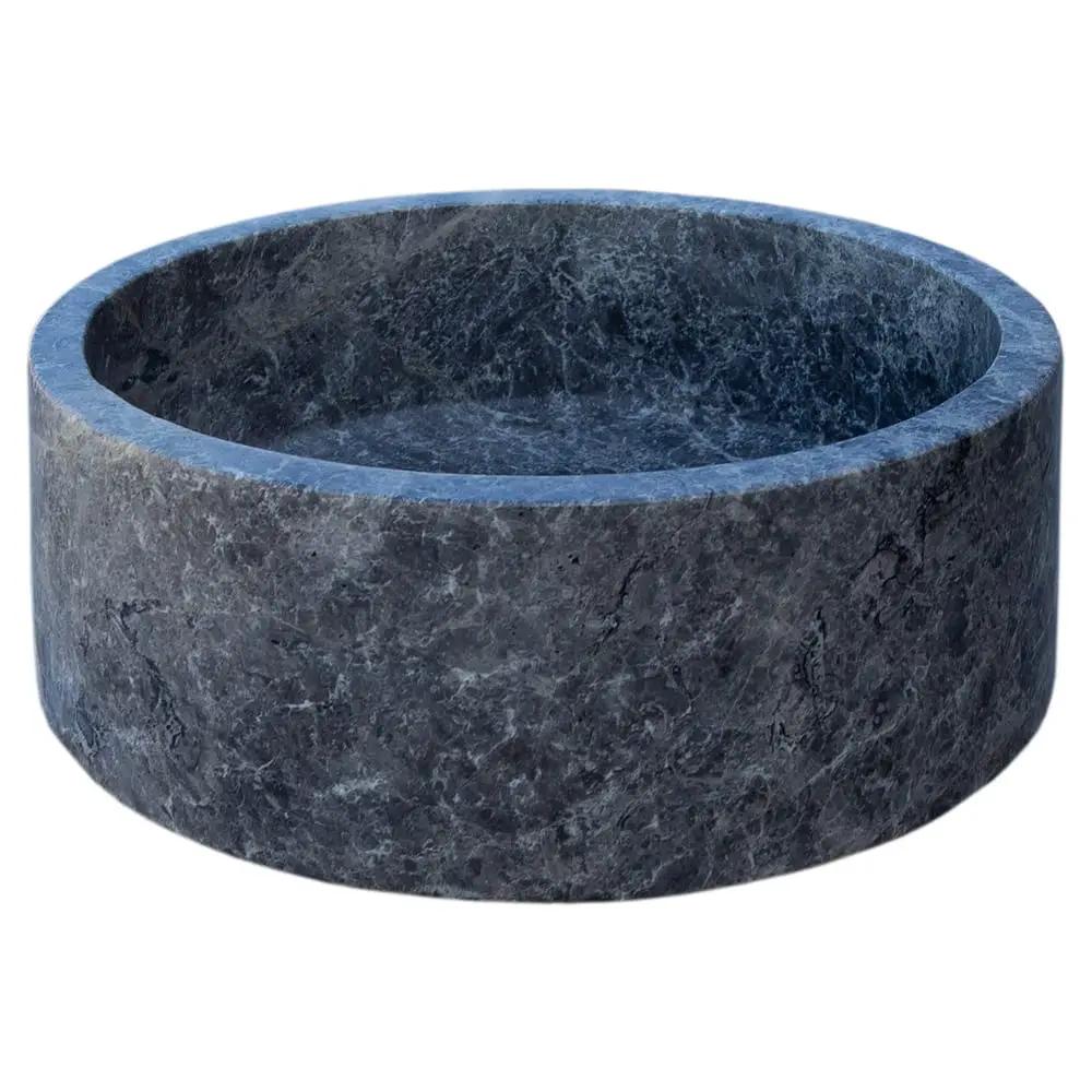 Natural Stone Tundra Grey Marble vessel sink, polished finish, Villohome, 16 in diameter, 6.5 in height