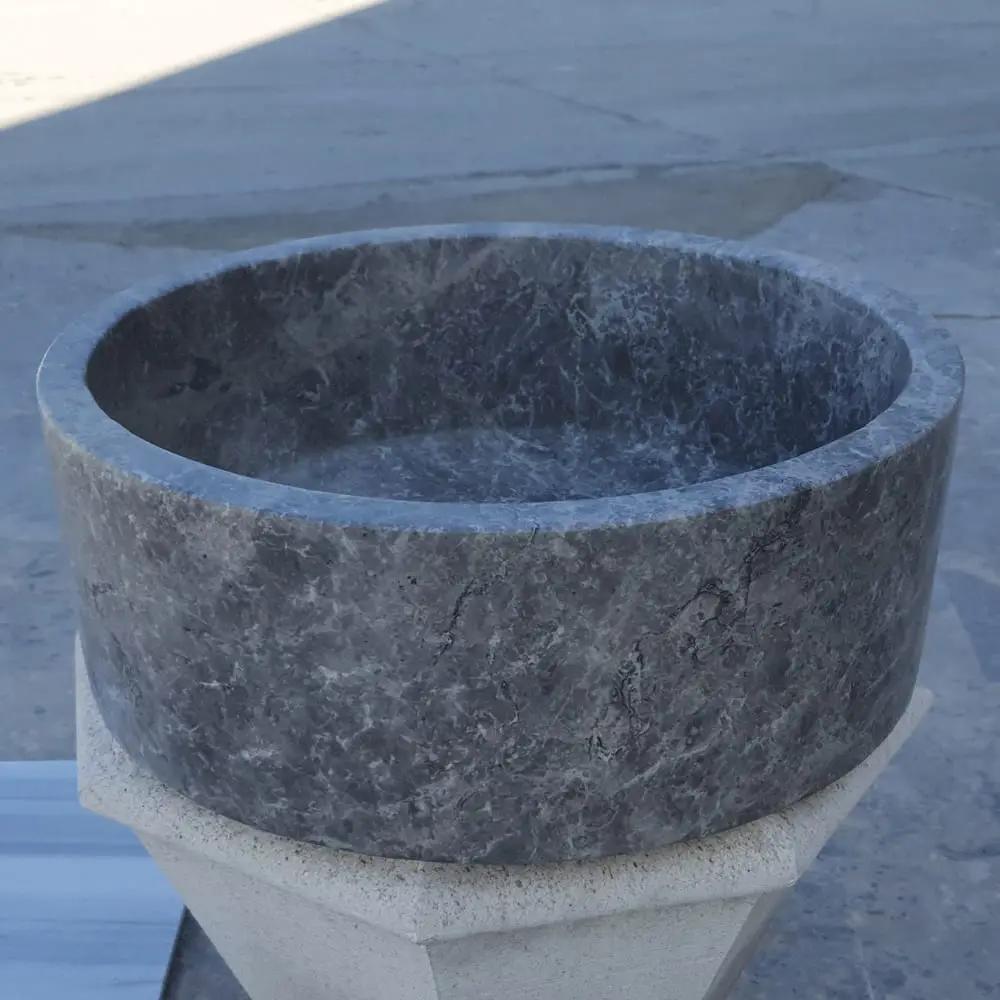 Natural Stone Vessel Sink by Villohome, tundra grey marble, polished finish, 16 in diameter, 6.5 in high.