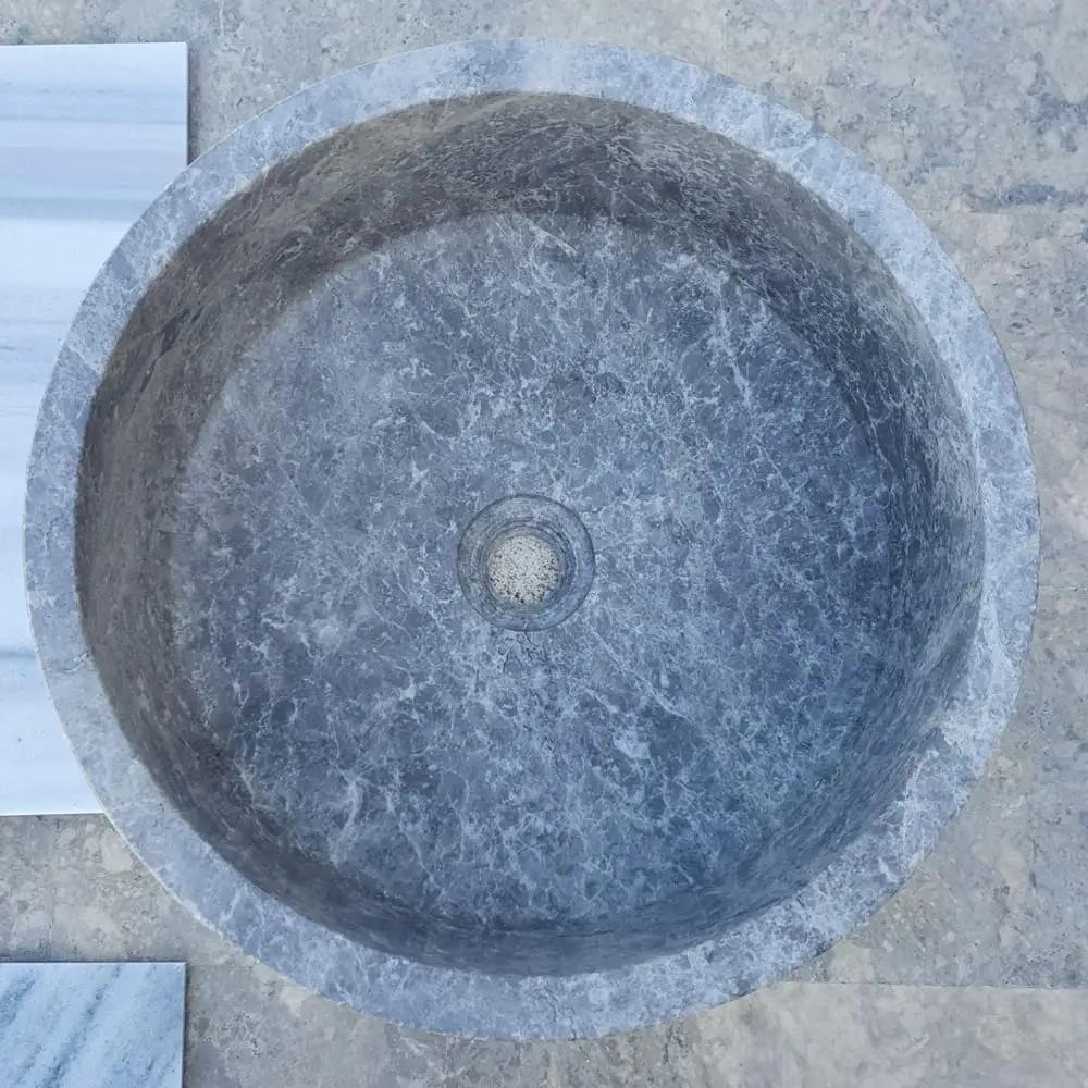 Villohome natural stone tundra grey marble vessel sink, polished round bowl, 16 in diameter, 6.5 in high.