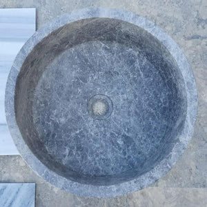 Villohome natural stone tundra grey marble vessel sink, polished round bowl, 16 in diameter, 6.5 in high.