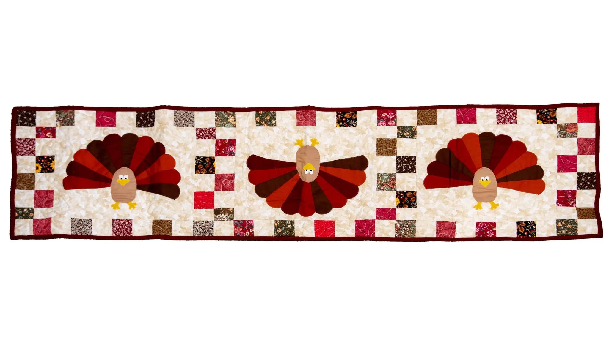 Quilt Kit Table Runner by Block Party Quilt Co; three turkey appliques with patchwork border, backing, precut fabric.