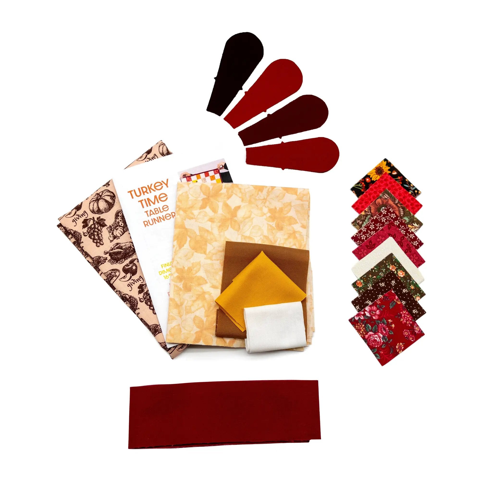 Quilt kit for Turkey Table Runner with precut fabrics and backing in warm browns, reds, and creams.