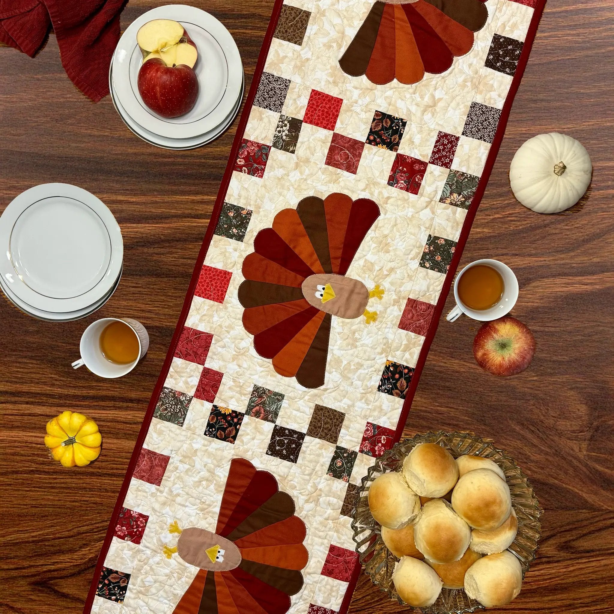 Quilt kit: Turkey Thanksgiving table runner with precut fabrics and backing, autumn browns, Block Party Quilt Co.
