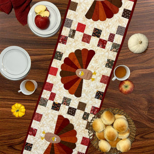 Quilt kit: Turkey Thanksgiving table runner with precut fabrics and backing, autumn browns, Block Party Quilt Co.