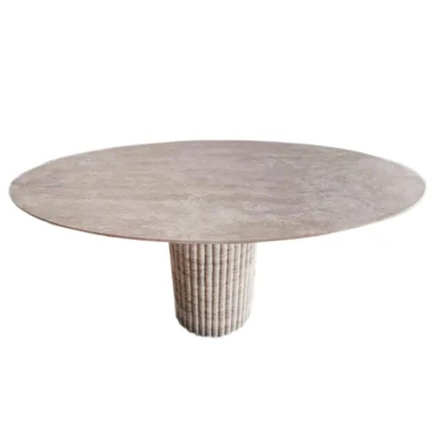 Villohome Tuscany beige travertine vein-cut oval coffee table with fluted pedestal base