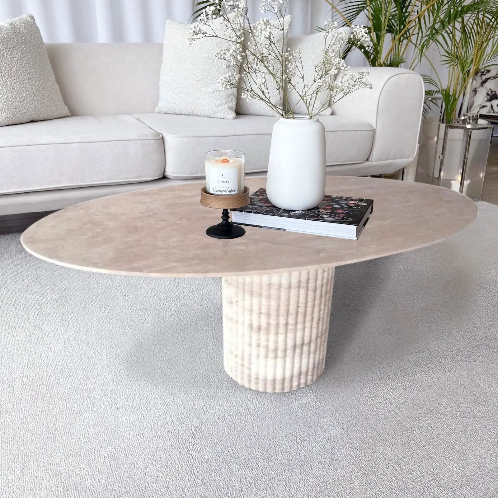 Villohome Tuscany beige vein-cut travertine oval coffee table with fluted legs