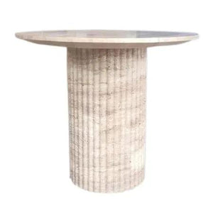 Oval beige travertine vein-cut coffee table with a fluted pedestal base from Villohome, Tuscany collection.