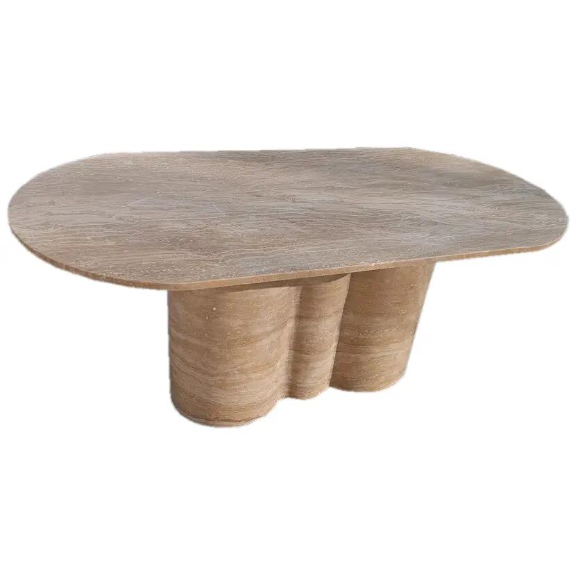 Tuscany Walnut Travertine vein-cut oval coffee table by Villohome with wavy legs