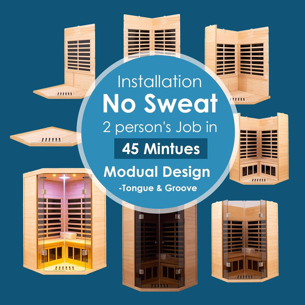 Premium 2-Person Corner Space Infrared Wooden Sauna Room With Bluetooth Speakers, 1600W (SAK81524)
