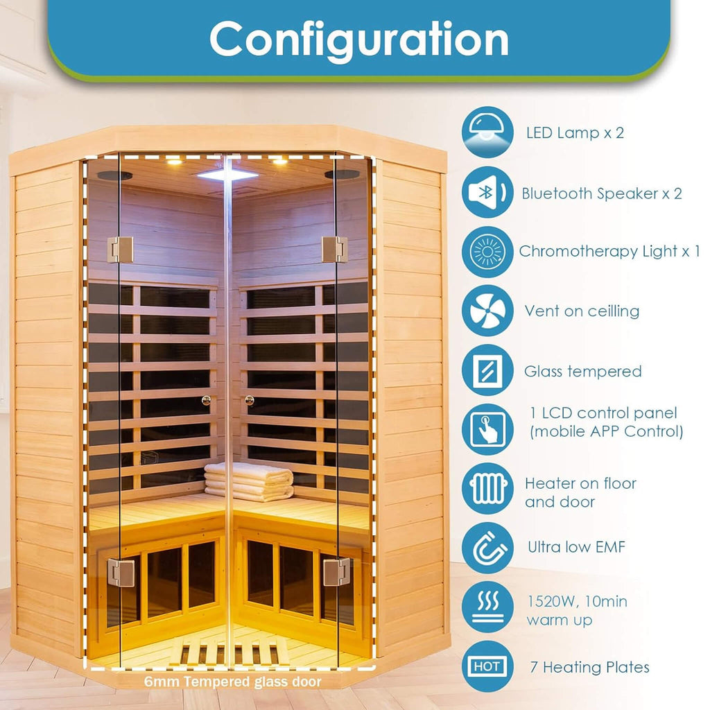Premium 2-Person Corner Space Infrared Wooden Sauna Room With Bluetooth Speakers, 1600W (SAK81524)