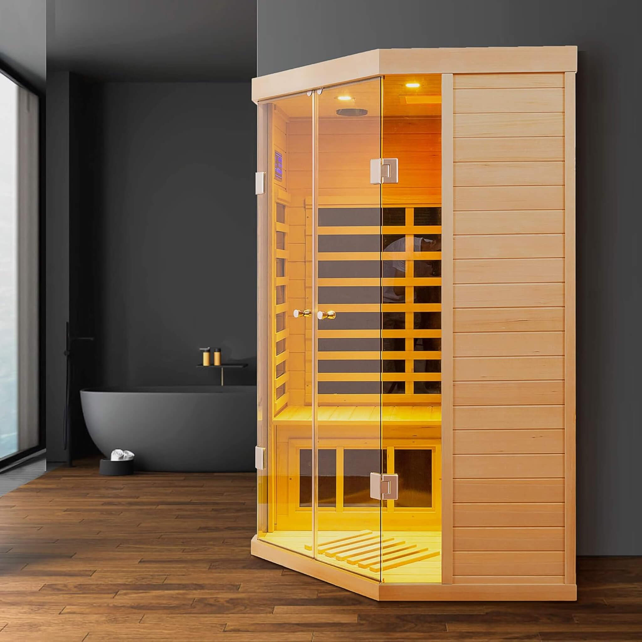Premium 2-Person Corner Space Infrared Wooden Sauna Room With Bluetooth Speakers, 1600W (SAK81524)