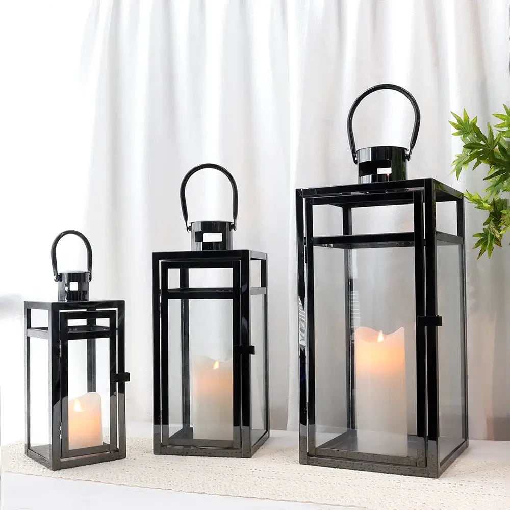 Stainless steel candle lanterns set of 3 in black with glass panels by JHY DESIGN (12, 15, 19 in).