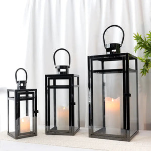Stainless steel candle lanterns set of 3 in black with glass panels by JHY DESIGN (12, 15, 19 in).