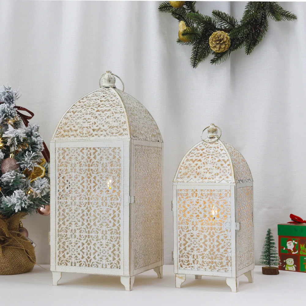 Set of 2-16.5''&12'' High Metal Lantern-White with Gold Brush