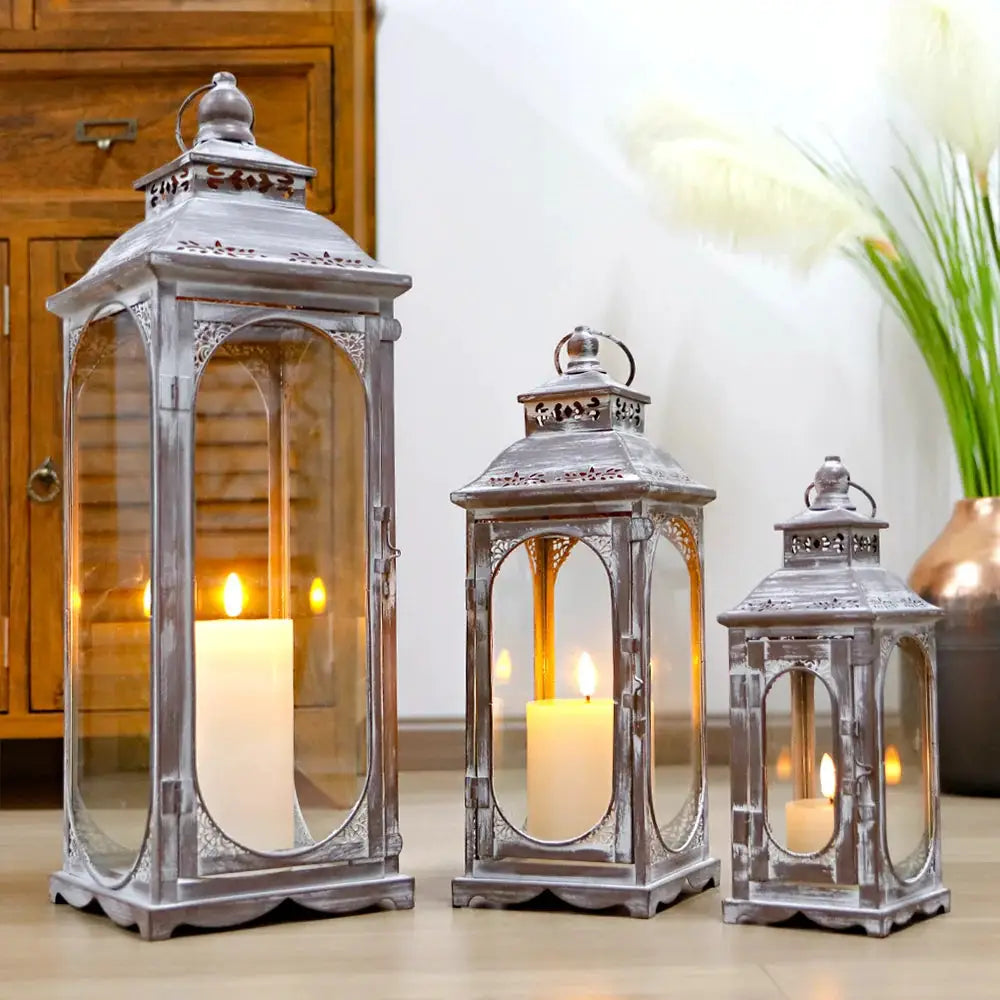 Candle lanterns set of 3, cement-grey vintage JHY DESIGN with glass panels (10/14/19.5 in).