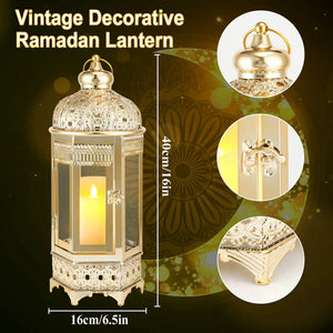 Moroccan candle lantern, gold hexagonal metal holder with intricate filigree by JHY DESIGN