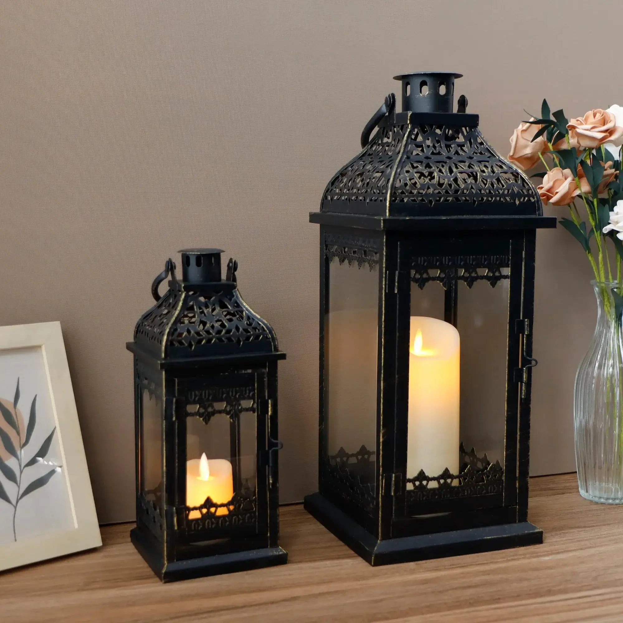 Set of 2 decorative candle lanterns, black metal with brushed gold accents, 13 and 19.5 inches tall by JHY DESIGN