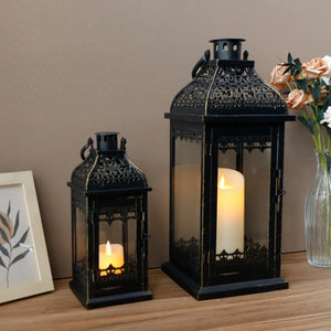 Set of 2 decorative candle lanterns, black metal with brushed gold accents, 13 and 19.5 inches tall by JHY DESIGN