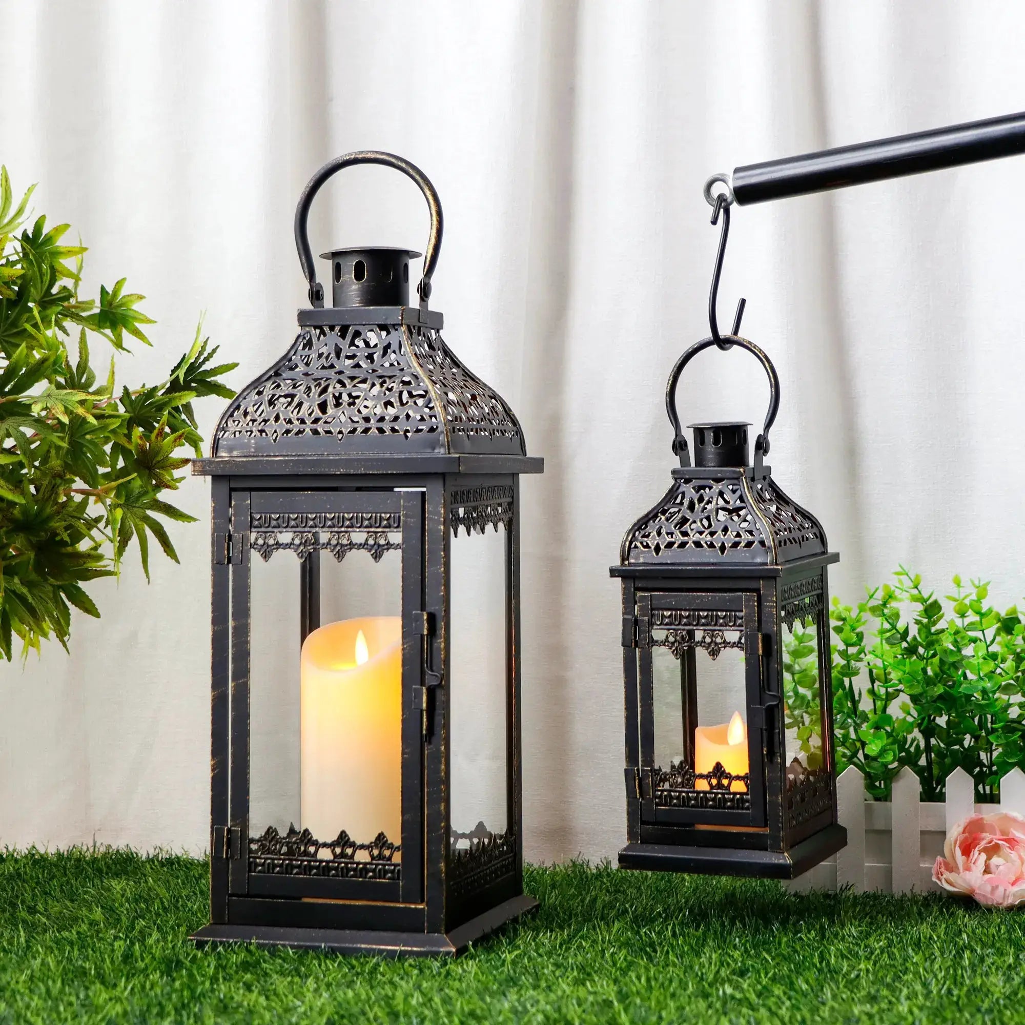 Set of 2 decorative candle lanterns, black gold brush finish, 13in and 19.5in tall