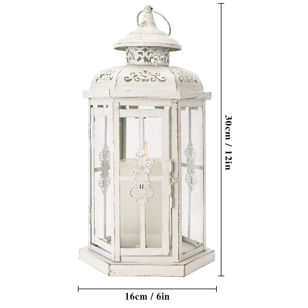 12-inch candle lantern, white distressed metal with gold brush finish, decorative home decor