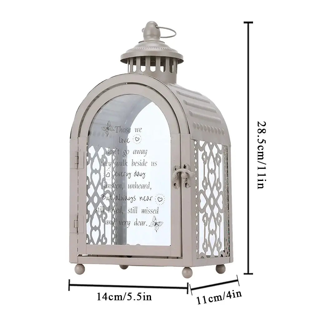 11'' High Memorial Remembrance Lantern, grey metal frame with glass panels, decorative candle lantern without candle