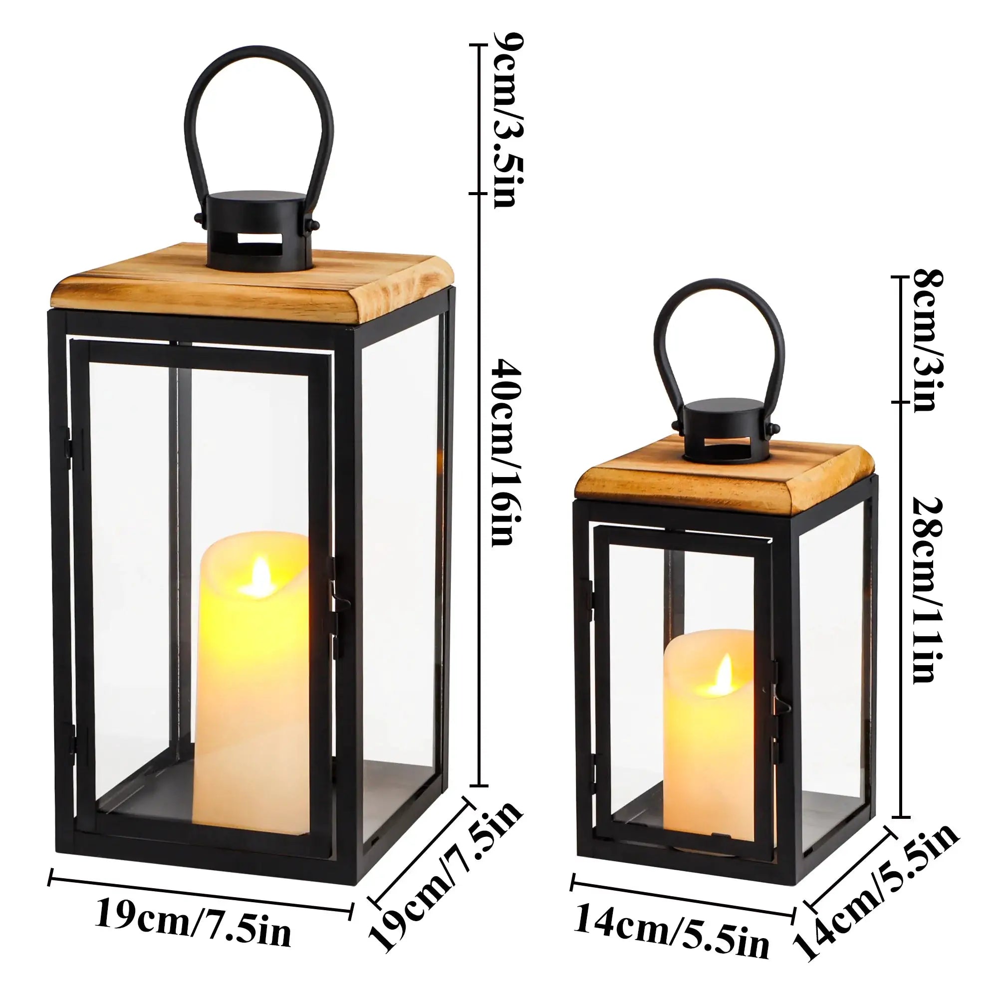 Set of 2 JHY DESIGN decorative candle lanterns, black metal with wood tops and glass panels (16in & 11in)
