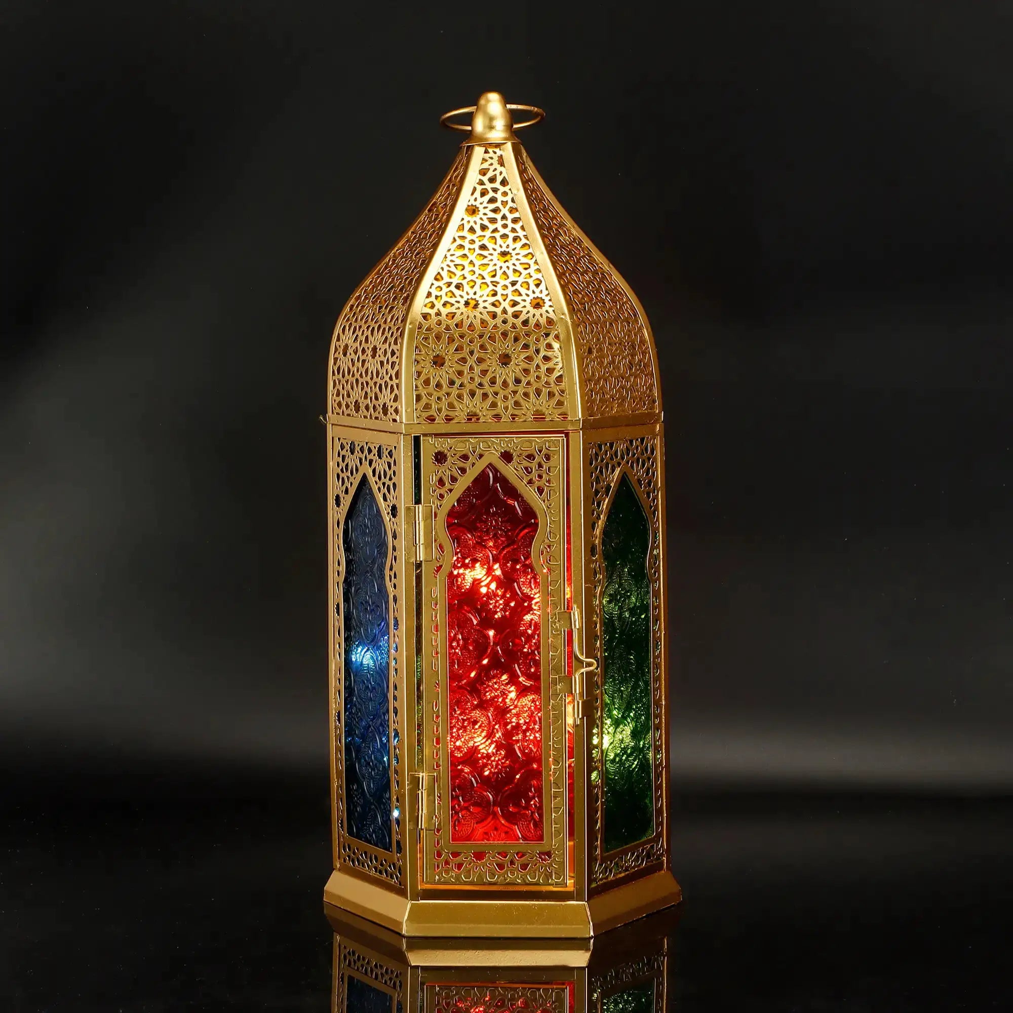 12'' gold hexagonal Moroccan candle lantern by JHY DESIGN with metal frame and colorful glass panels.