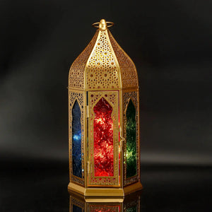 12'' gold hexagonal Moroccan candle lantern by JHY DESIGN with metal frame and colorful glass panels.