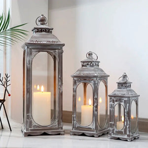 Decorative candle lanterns set of 3 in cement grey by JHY DESIGN with glass panels.
