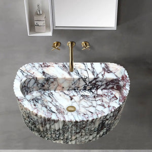 Villohome Calacatta Viola marble wall-mount bathroom sink with fluted half-round basin and brass faucet