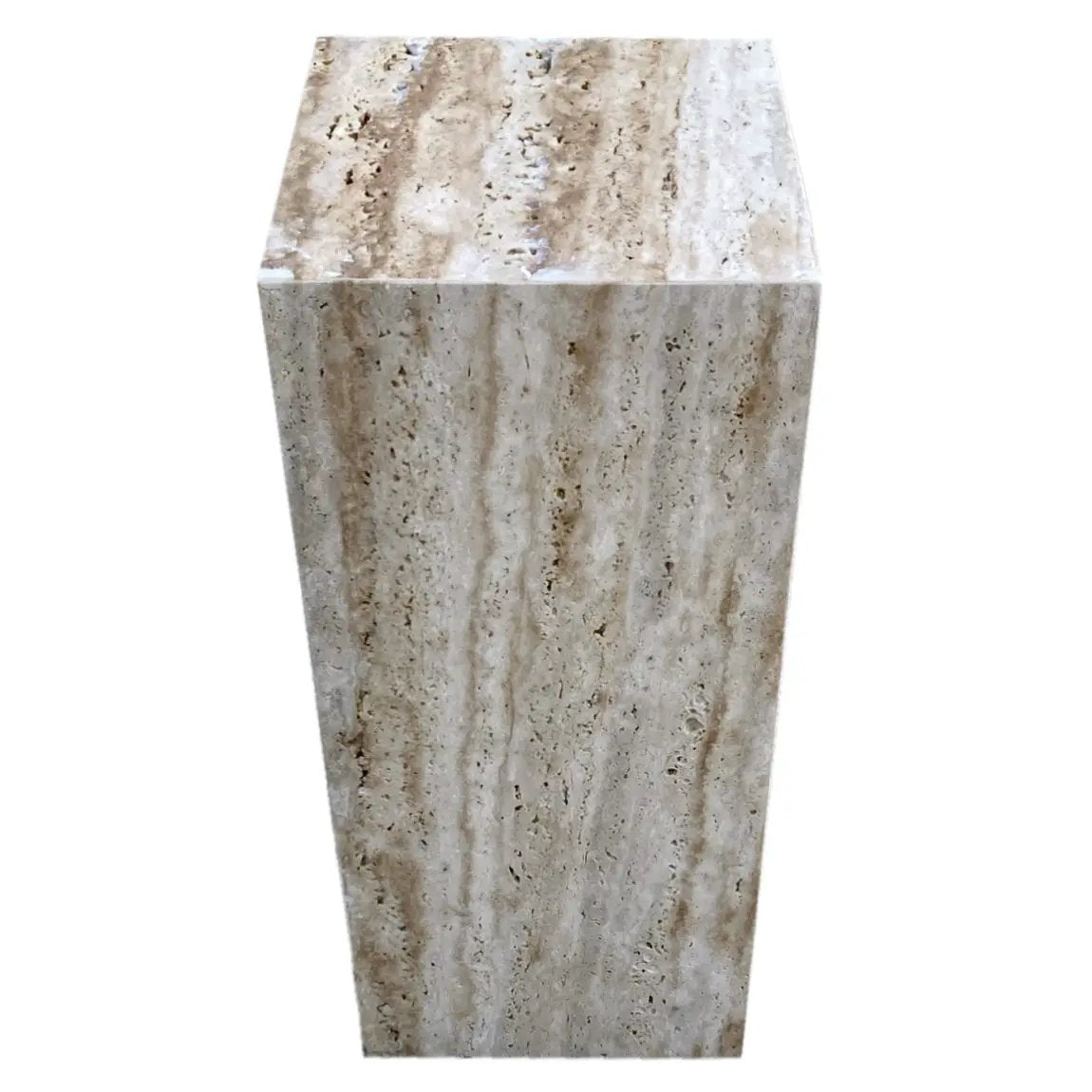 End/side table, walnut travertine vein-cut cube design, polished beige veined stone, 10x10x24 in