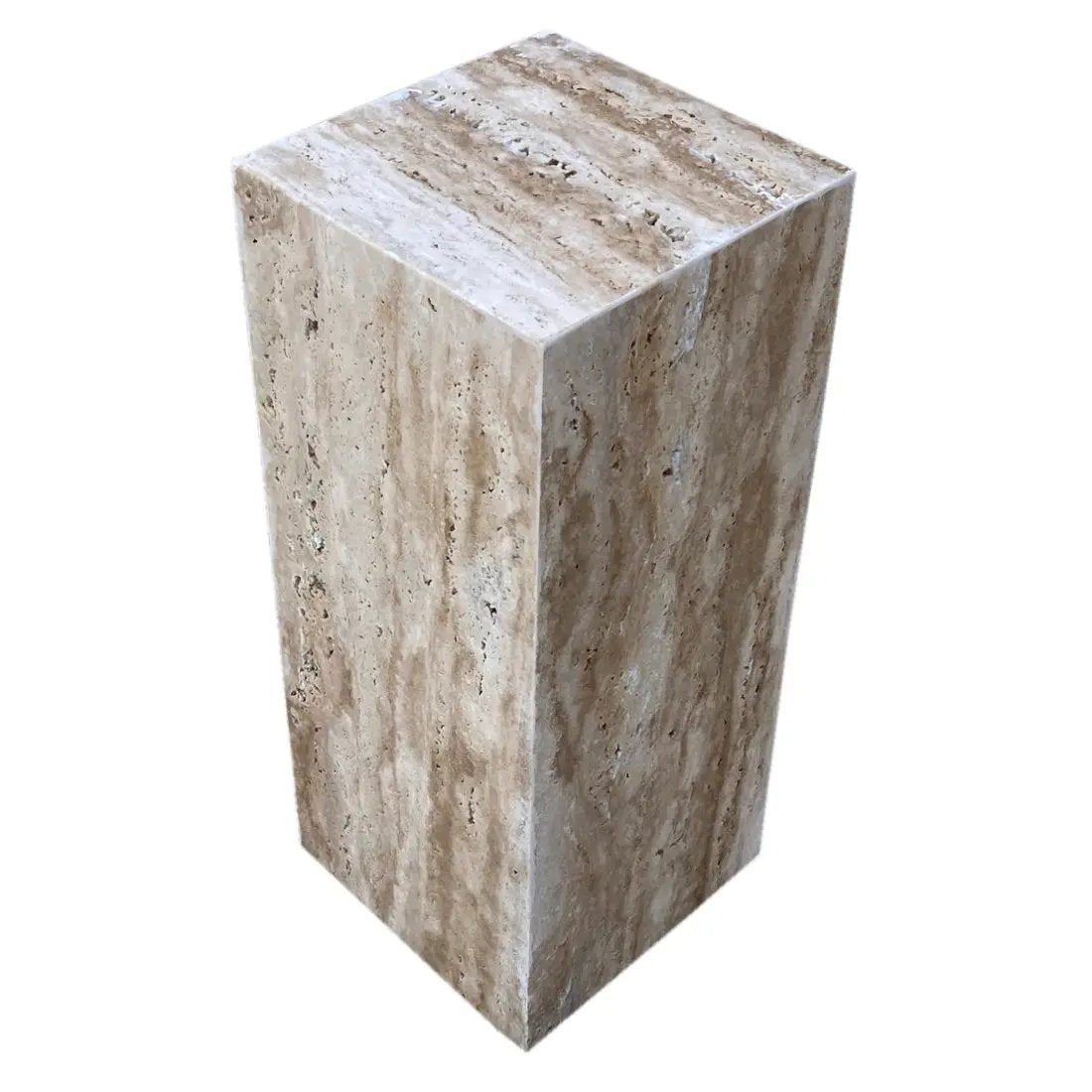 Walnut Travertine vein-cut cube end table, polished stone finish, 10x10x24 inches