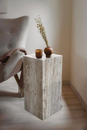 End table, vein-cut travertine cube design, polished pale stone, 10x10x24 inches